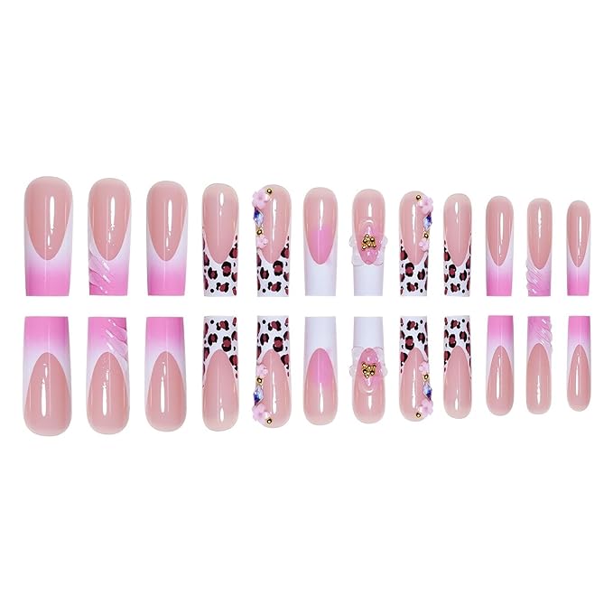 Press on Nails Coffin Long Length Acrylic Glossy Full Cover Square Shaped French False Nails with Designs Artificial Extra Long Fake Nails with Charms Glue ons Fingernails for Women(AS22)