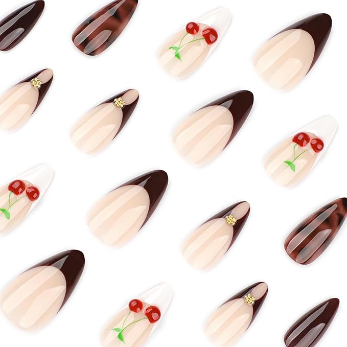 Medium Press on Nails Almond - Winter Brown Fake Nails with Cherry Pattern Design - French Tip Glossy Full Cover Stick on False Nails - for Women 24 Pcs