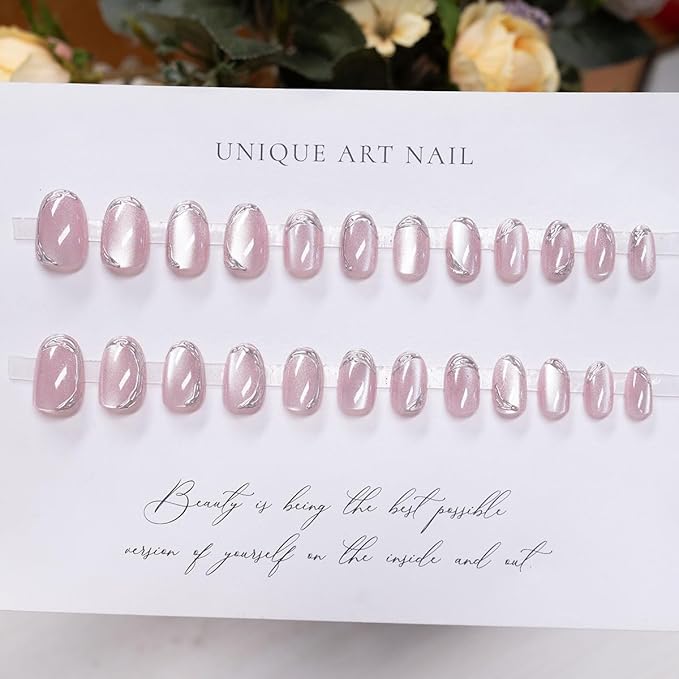 Oval Press on Nails Short Fake Nails Pink Cat Eye Nails Press ons with Silver Chrome Edge Design,Reusable & Easy Apply Full Cover Stick on Nails for Women Manicure 24Pcs