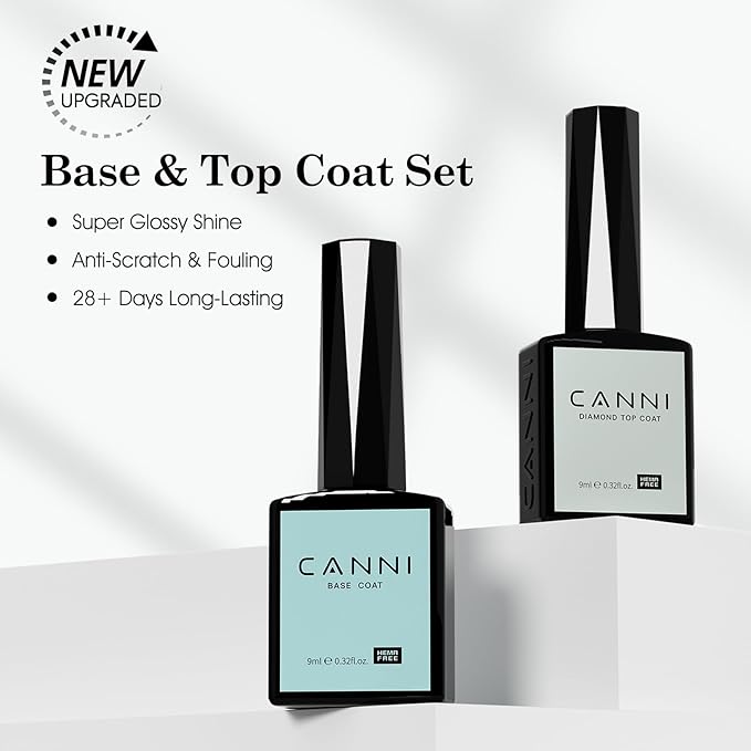 CANNI 2 Pcs 9ml Gel Base Top Coat Gel Polish Set - Shine Finish and Long Lasting, Soak Off LED Nail Lamp Base Top Coat DIY Nail Salon Manicure Gifts for Women