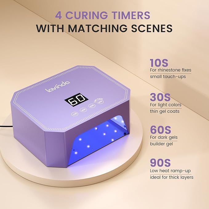Lavinda 54W UV LED Nail Lamp – Plug-in Gel Nail Light with LCD Display, 4 Timers, Auto Sensor, Dual Wavelength, Nail Dryer for Home & Salon Purple