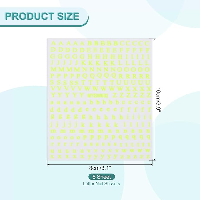 PATIKIL Letter Nail Stickers, 8 Sheet 3D Self-Adhesive English Letter Nail Decals Small Alphabet Art Sticker Metallic Fluorescence Design Manicure for Women DIY Decor, Fluorescent Yellow