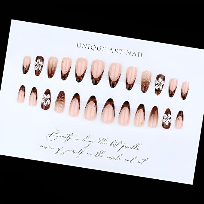 24Pcs French Tip Fake Nails Medium Almond Press on Nails Brown Glossy Glue on Nails 3D Flower False Nails with Rhinestones Design Leopard Print Stick on Nail for Women Decorations Set