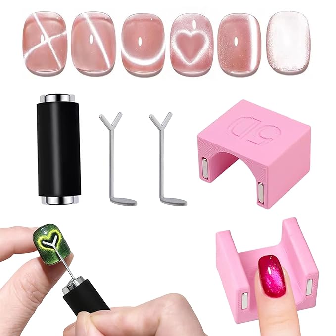 2 Pcs Cat Eye Magnets For Nails with 2 pcs Y-shape Heart Design Mold Set, Cylinder Nail Magnet Pen And 5d Automatic Strong Magnet Tool For Magnetic Gel Polish, Heart Nail Polish Magnet