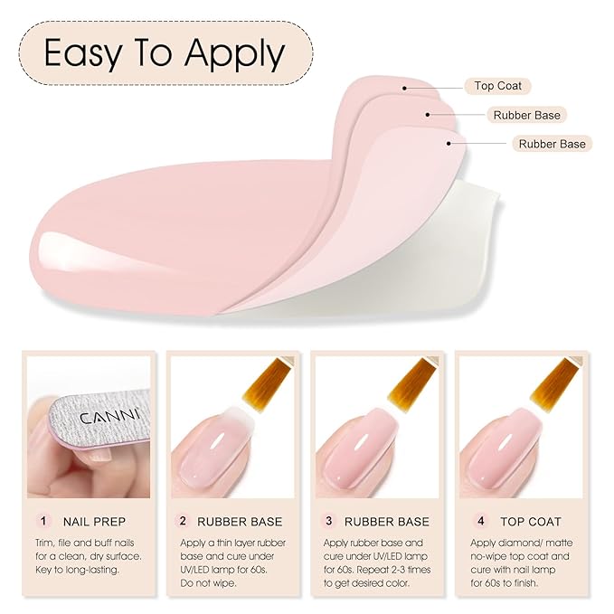 CANNI Rubber Base Gel Set - 6 Colors Milky White Clear Pink Nude Builder Nail Gel for Nail Strengthening, Soak Off UV LED for Natural Nails, DIY Manicure Salon Use Women & Girls