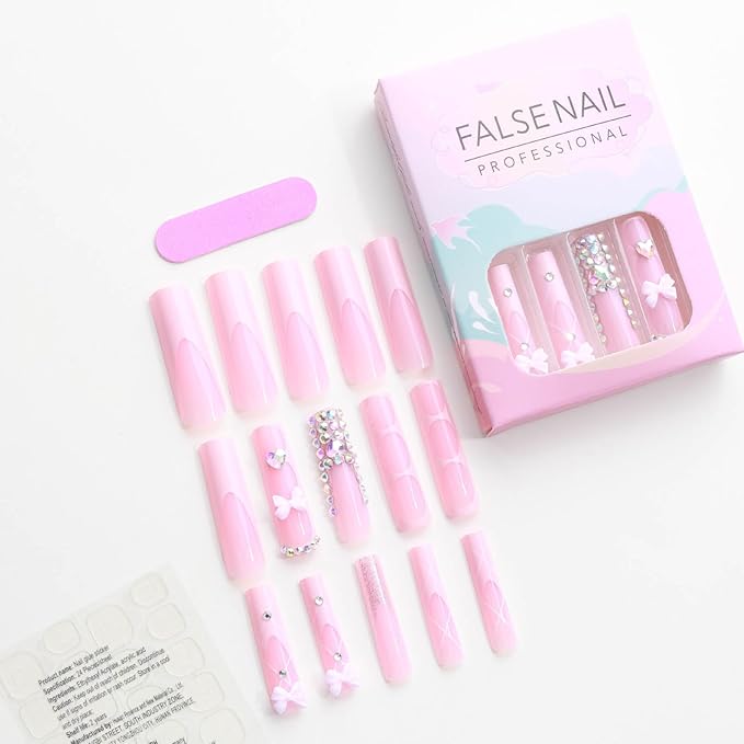 Long Square Press on Nails Pink French Tip Fake Nails Xl False Nails with Bow Rhinestones Designs Long Nails Press ons Sparkly Glue on Nail Full Cover Stick on Nail for Women 24Pcs
