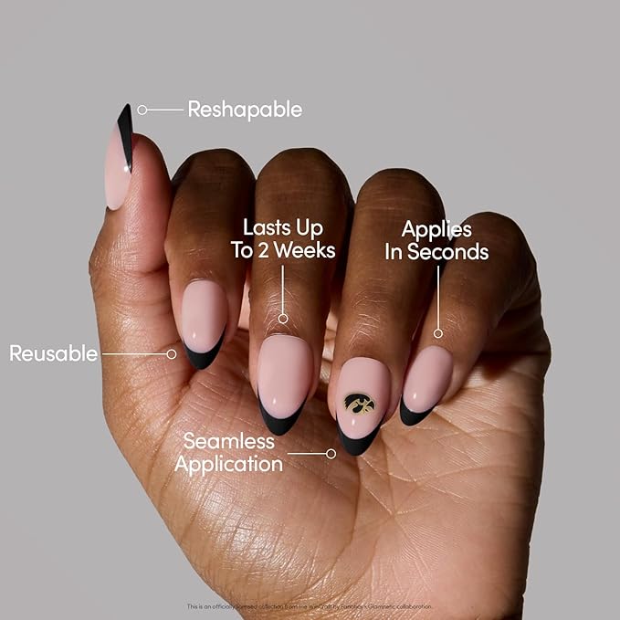 Glamnetic x Fanatics Press On Nails - Iowa Hawkeyes | Short Almond Fake Nails, Collegiate Hawkeyes Black French Tips, College Nails, Salon-Quality | 15 Sizes - 30 Nail Kit with Glue