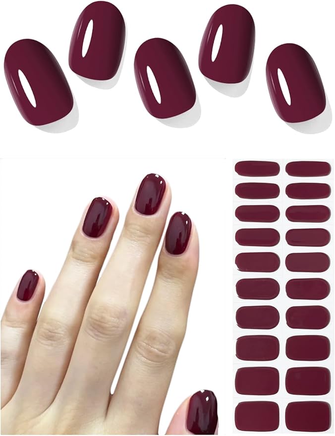 Semi Cured Gel Nail Strips (B-Plum Red), 20 Pcs Gel Nail Wraps, Stickers, Long Lasting, Works With Any UV Lamps