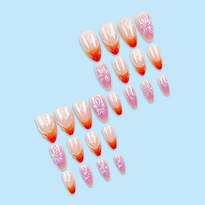 Almond Press on Nails Medium Fake Nails Red and Purple Artificial Nail Floral Stick on Nail for Women 24pcs