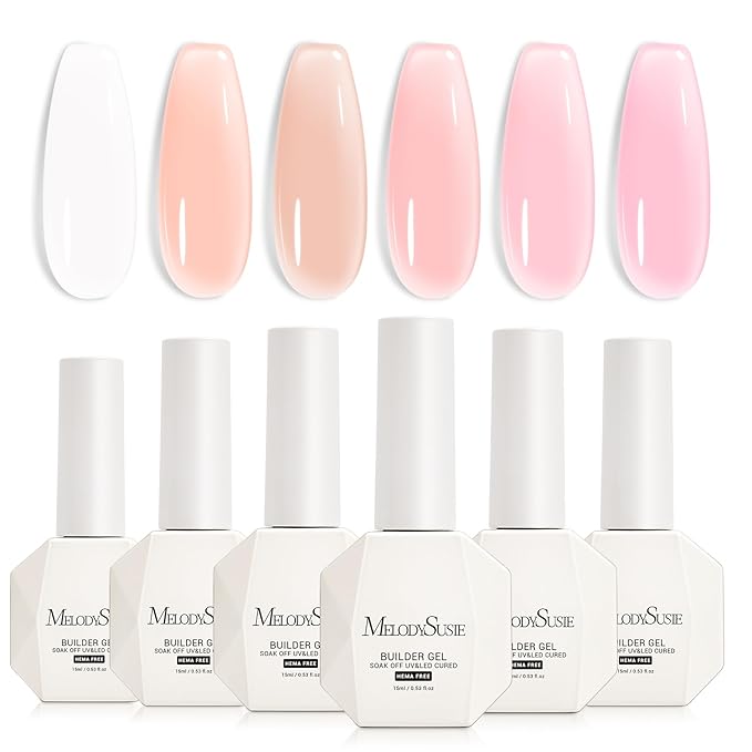 MelodySusie Hema Free Builder Gel Set for Nails Thickening, Nude and Pink, 6PCS 0.5 Fl Oz, Tpo Free, Soak Off UV Extension Gel, Nail Art Design Salon DIY Manicure at Home for Women