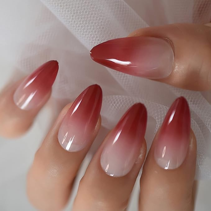 Medium Length Almond Press on False Nails Red Gradient French Fake Nails Salon Manicure Reusable Nails Art Tips DIY at home