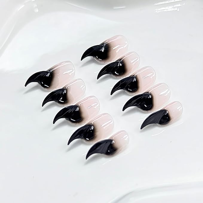 10 Pcs Stiletto Press on Nails Curved Medium Cat Claw Nails Press Ons Unique 3D Black French Tip Cat Claw Handmade Fake Nails Thick Gradient Designs Stick on Nail Glossy Acrylic Nail (S)