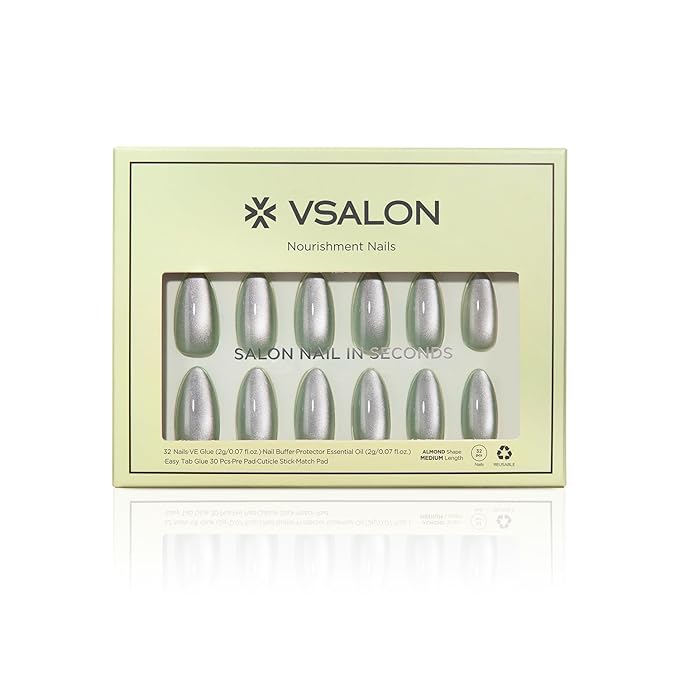 VSALON Press On Nails Medium Almond, Green Cat Eye Holographic Chrome Nails, Salon Quality Shimmer Fake Nails Kit - 32 PCS Stick on Nails in 16 Sizes with Glue & Cuticle Oil