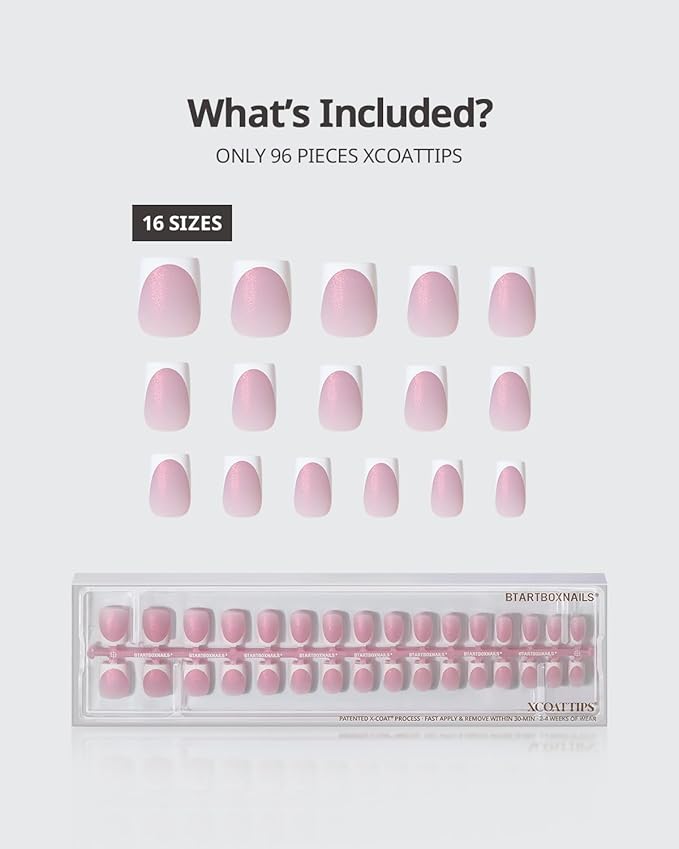 BTArtboxnails Shimmering French Tip Nails - 96Pcs Sparkling Pink Base Extra Short Press On Nails, Requires Nail Lamp & Top Coat, 16 Sizes Full Set for Wedding