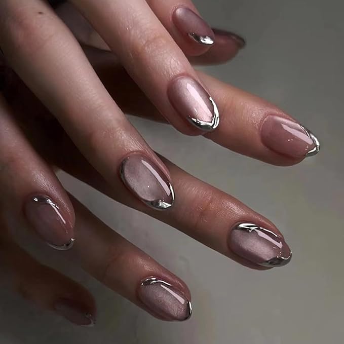 Oval Press on Nails Short Fake Nails Pink Cat Eye Nails Press ons with Silver Chrome Edge Design,Reusable & Easy Apply Full Cover Stick on Nails for Women Manicure 24Pcs