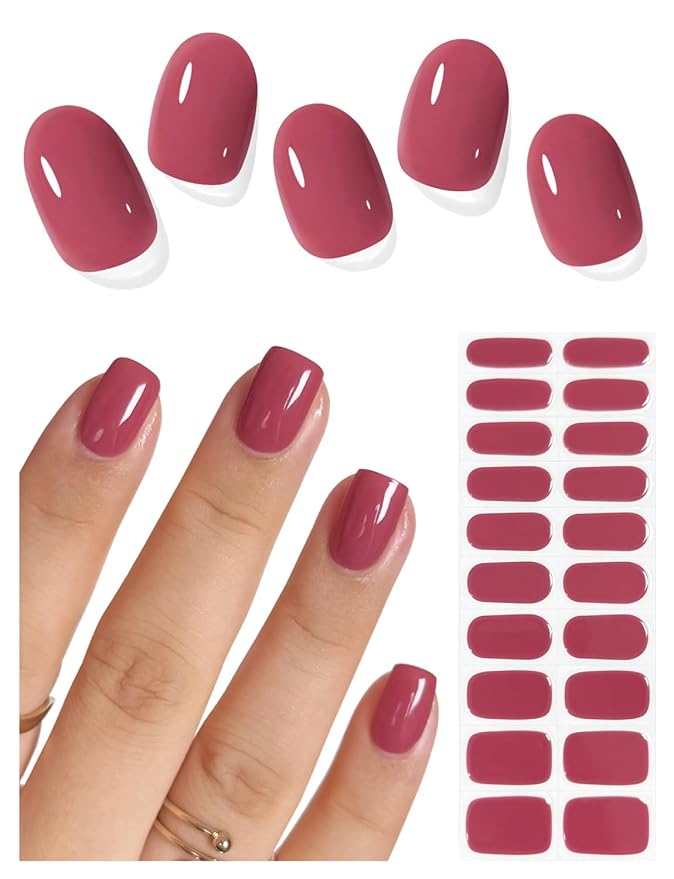 Semi Cured Gel Nail Strips (Dry Rose Red), 20 Pcs Gel Nail Wraps, Stickers, UV Light Required, Salon Quality