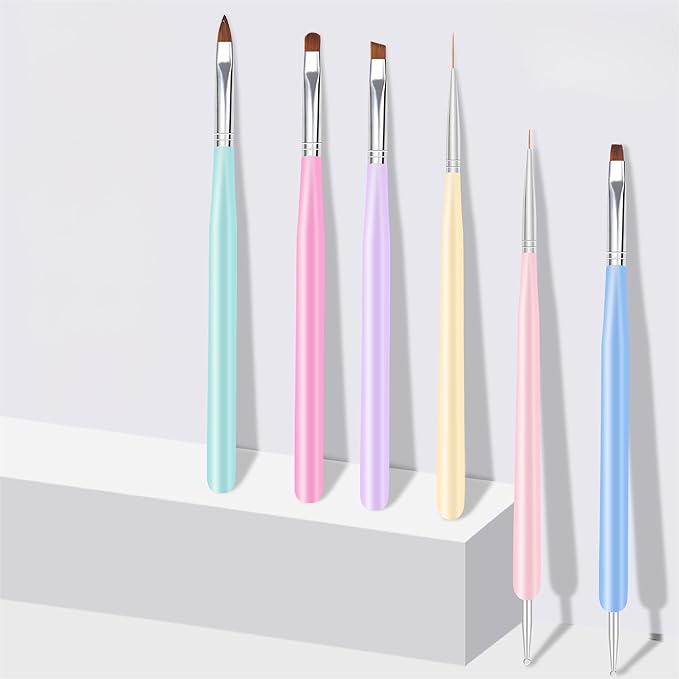 Nail Art Brushes, 6Pcs Nail Art Painting Tools with Nail Art Fine Liner Brush, Nail Design Painting Brushes Set, Builder Gel Brush, Nail Dotting Pen for Gel Polish Manicure Salon DIY, Multicolor