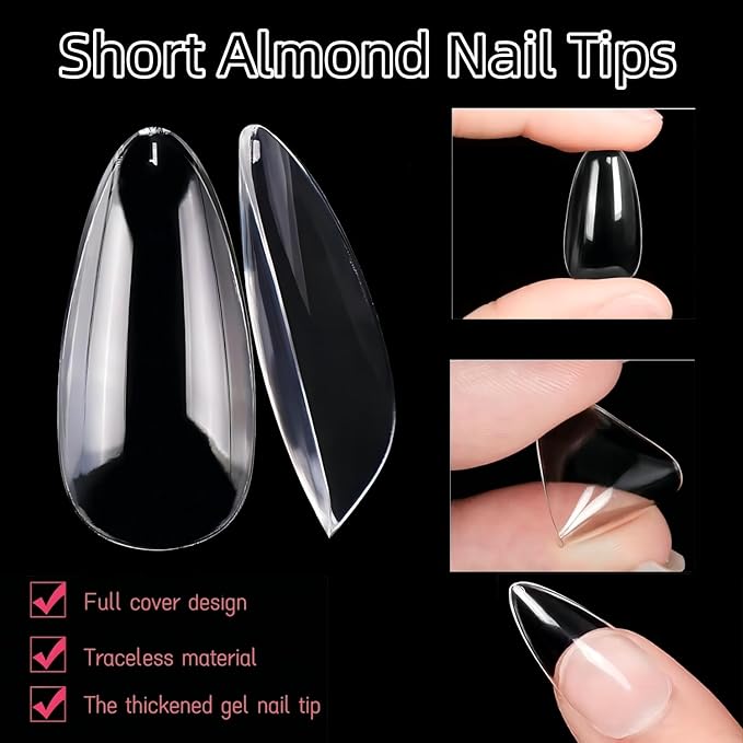 1000Pcs Short Full Cover Almond & Square Nail Tips Gel x Clear Set,10 Size Clear Press On False Nail Tips for Manicure Art Home DIY Salon