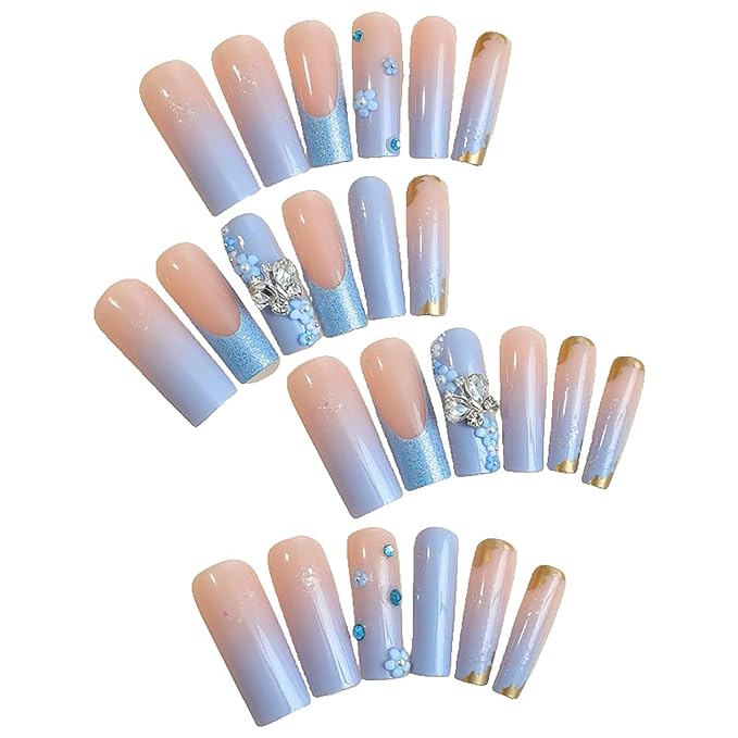 RTKHFZE Long Press on Nails Square French Tip Fake Nails Blue Glitter False Nails with Butterfly and Flower Charm Designs Artificial Nails Full Cover Acrylic Stick on Nail for Women Manicure