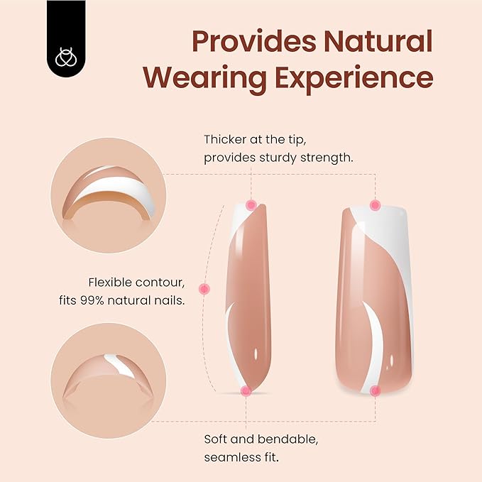Beetles French Tip Press on Nails Long Square, 15 Sizes Soft Gel Nail Tips Jelly Brown 7 Styles Pre-Designed 4 in 1 Fake Nails Natural Look False Nail Tips for Nail Extensions Nail Art Gifts for Girls