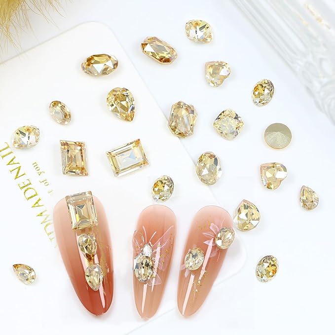 DONGZHOU 72pcs Mix Shape Nail Art Rhinestone,7 Styles Glass Nail Rhinestones Pointback Nail Gems Shiny 3D Nail Charms for Nail DIY Decorations Crafts,Golden Shadow