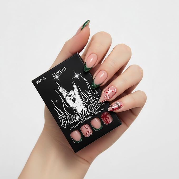 Press On Nails Almond Christmas, French Tip Press on Nails Short, Glue On Nails for Women Gift, Supremely Fit Natural Reusable Stick On Nails in 12 Sizes -24 Fake Nails Kit, French Spark Green
