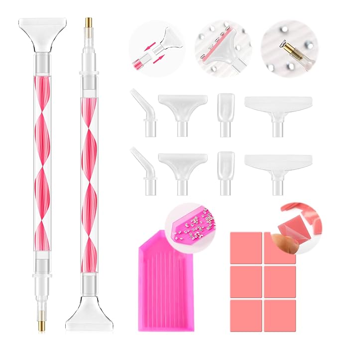 Rhinestone Picker Tool Kit: 2Pcs Rhinestone Picker Handle, Dual-Ended Rhinestones Applicator Bedazzling Tools Pen with 12 Upgraded Plastic Replacement Tips, Clay Nail Art Craft (Red)