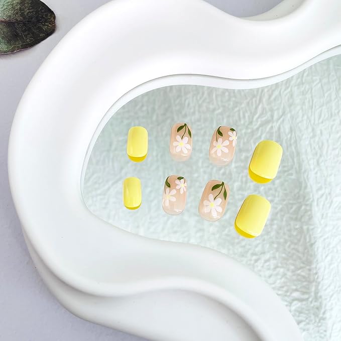 Short Press on Nails Square Fake Nails with Designs Flower Artificial Nails Yellow False Nails Summer Acrylic Nails Press ons Glossy Full Cover Stick on Nails for Women Girls 24Pcs
