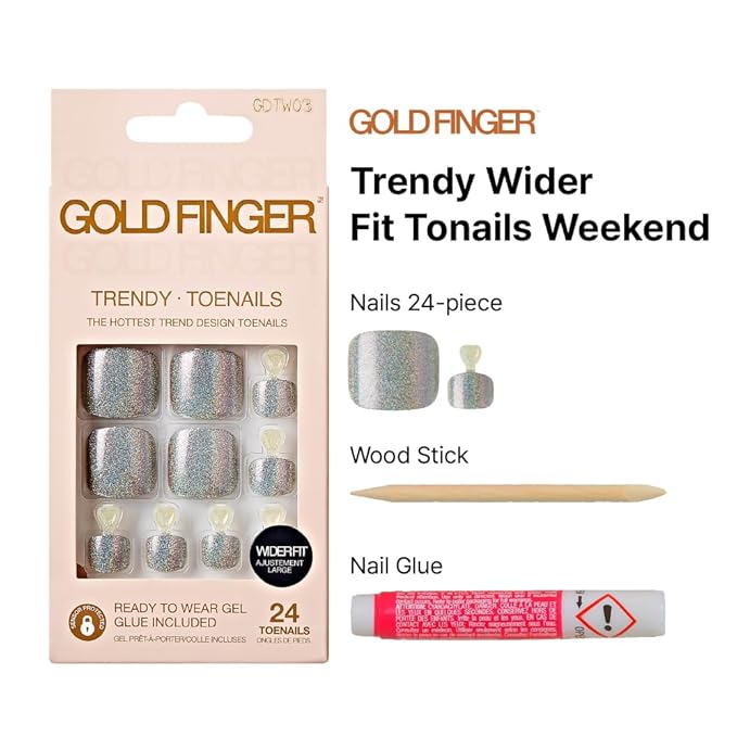 GoldFinger Trendy Press On Fake Toenail Kit Wider Fit, Shine Glazed Glitter Metallic Silver Color, Ready to Wear Gel & Manicure Stick, Mini Glue included, Long-Lasting Convenient & Easy to Apply