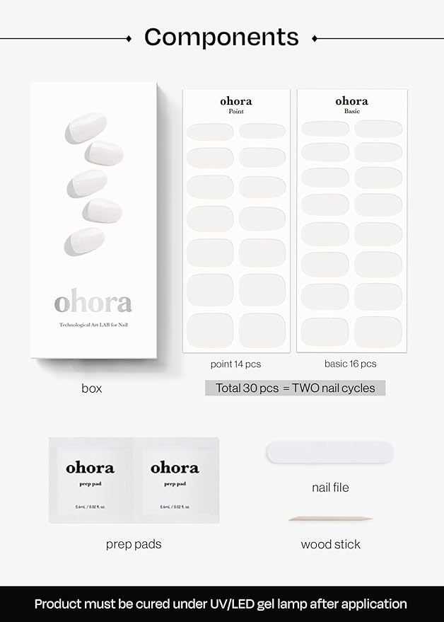 ohora Semi Cured Gel Nail Strips (N Clean White) - White, Solid, Works with Any UV/LED Lamps, Salon-Quality, Long Lasting, Easy to Apply & Remove - Includes 2 Prep Pads, Nail File & Wooden Stick