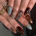 Butterfly Wing Press on Nails Medium Almond Fake Nails Brown Nails Press ons with Gold Accents Full Cover Stick on Nails for Women Spring Summer Manicure,Reusable | Glue Tabs | Easy Apply | 24Pcs
