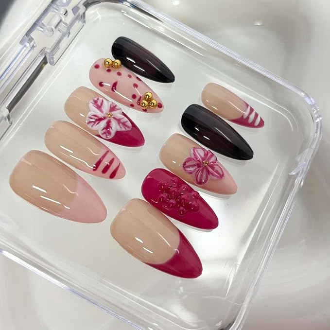 10Pcs Handmade Press On Nails Medium Almond Fake Nails 3D Flower With Small Steel Ball Design French Tip False Nails Full Cover Artificial Glossy Glue On Nail Stick On Nail For Women(SIZE:M)