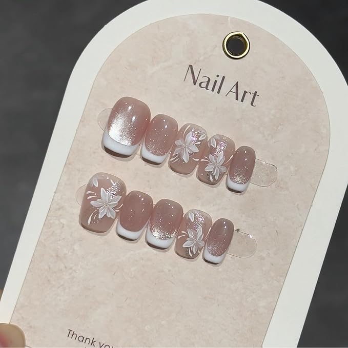 Handmade Press on Nails White French Press on Nails Short Square Fake Nails with Flower Designs Pink Sparkling False Nails Stick on Nails for Women DIY Accessories (Size S)