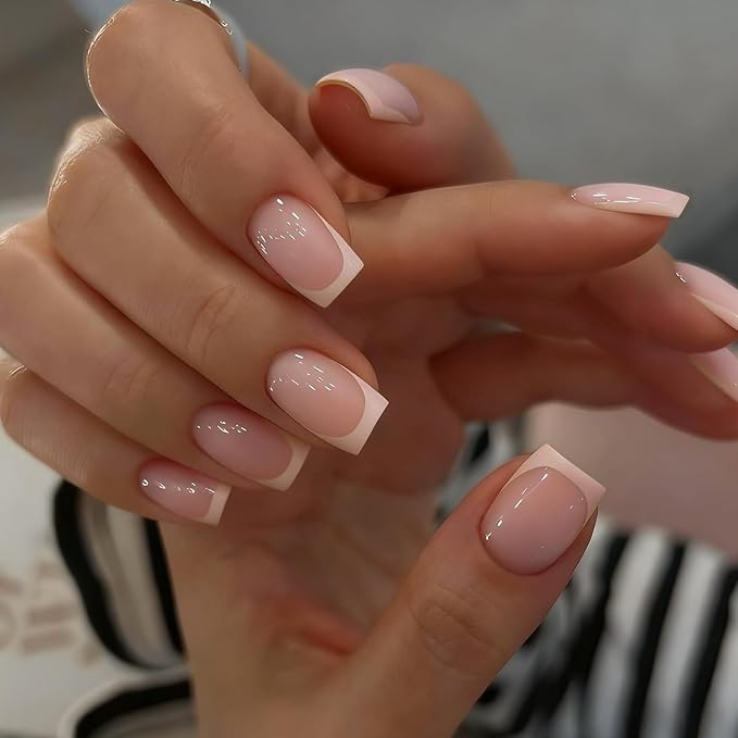 Clear Semi Cured Gel Nail Strips French Tip 20Pcs Nude UV Gel Nail Stickers Glossy Nails Polish Strips UV/LED Light Needed Self Adhesive Full Polish Nails Wraps for Women