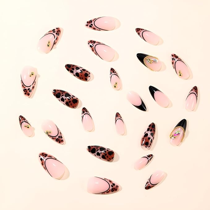 Leopard Print Press on Nails Medium Almond Fake Nails French Tip Nails Press Ons Brown False Nails with Rhinestones Design Glossy Full Cover Glue on Nail Fall Stick on Nail for Women 24Pcs