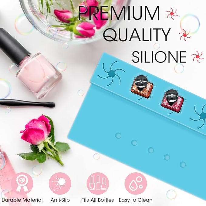 Nail Polish Holder,Silicone Hand Rest Mat Fingernail Painting Tools 2 in 1 Art Accessories Organizer Case Set with Anti-Spill Bottle Stand and Finger Separators for Pedicure Manicure(Blue)