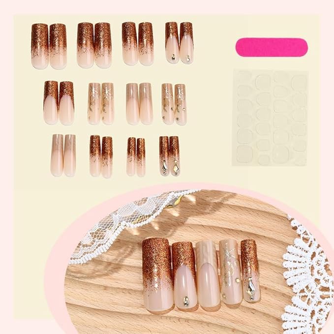 Square Press on Nails Long Brown Stick on Nail Tips Sparkly Glitter Nails Press ons Rhinestones Press on False Nails for Women 24pcs