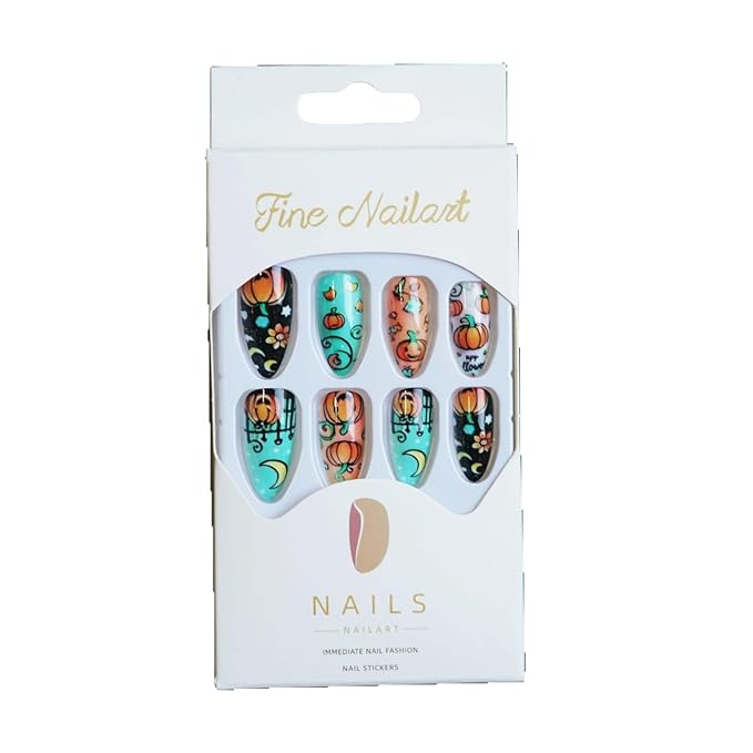 Halloween Press on Nails with Stars Moon and Pumpkin Pattern, Almond Fake Nails, Glossy False Nails, Full Cover Acrylic Stick on Nails for Women DIY Manicure Decoration 24 Pcs