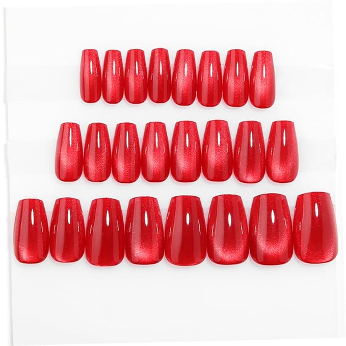 Red Medium Coffin Press On Nails, Cat Eye Press on Nails, Fashion Gel Fake Nails, Reusable Red Fake Nails, Glossy Stick on Nails for Women Girls, Glue on Nails Kit, Ballet Heatwave