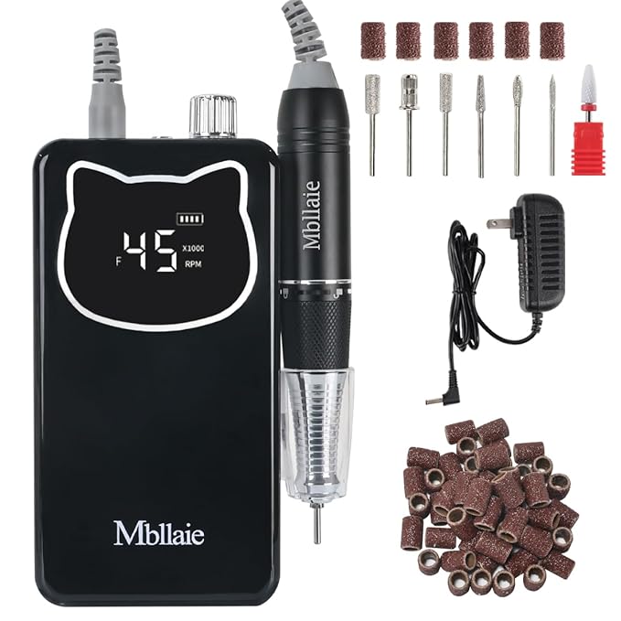 Professional Nail Drill File 45000RPM Electric Portable Nails Drills Kit with Rechargeable 7 uñas Bits Cordless Efile for Poly Gel Acrylic Nails Remover Home Salon Pedicure Manicure Tool (Black)