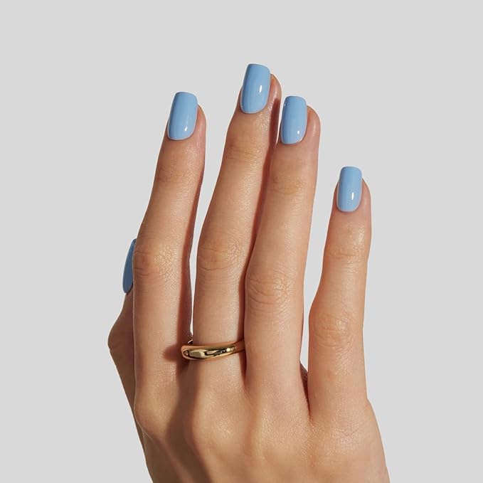 LAMIMOSA 32Pcs Muted Blue Press On Nails Short Square - Dusty Blue Nail Kit, Soft Gel Fake Nails in 16 Sizes, Reusable Glue on Nails, CELESTE
