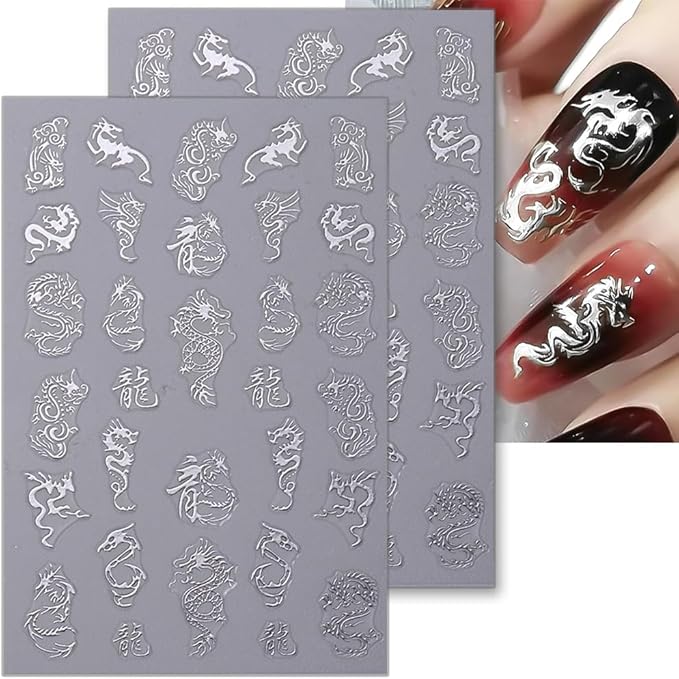 3D Gold Silver Dragon Nail Art Stickers for Designs - Bronzing Metallic Decals - Chinese Dragons Nail Supplies