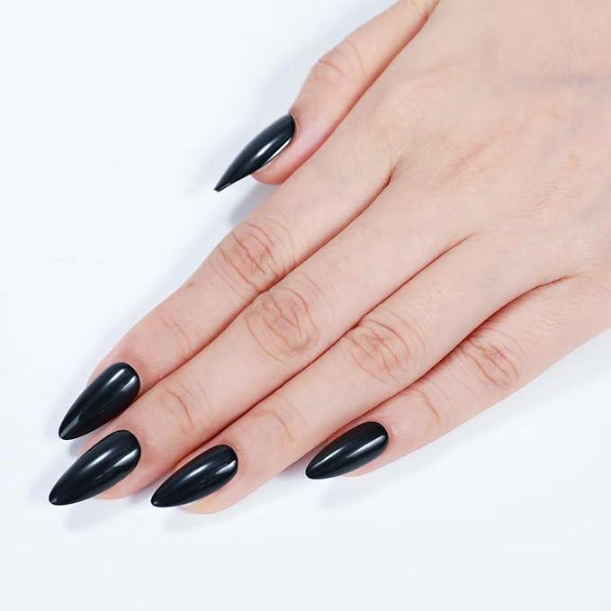 Rnker Press On Nails - Black, Almond Black Top gel Nails with Bright Finish, 15 Sizes - 30 Nail Kit with Glue