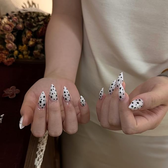 10 Pcs Thick Press on Nails White Stiletto Handmade Fake Nails with Polka Dot Design Medium Curved Eagle Claw False Nails Luxury Muti-Layer Gel Nail Halloween Cat Claw Stick on Nail for Women (S)