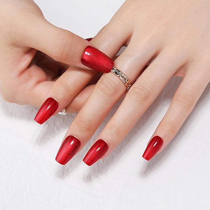 Red Medium Coffin Press On Nails, Cat Eye Press on Nails, Fashion Gel Fake Nails, Reusable Red Fake Nails, Glossy Stick on Nails for Women Girls, Glue on Nails Kit, Ballet Heatwave