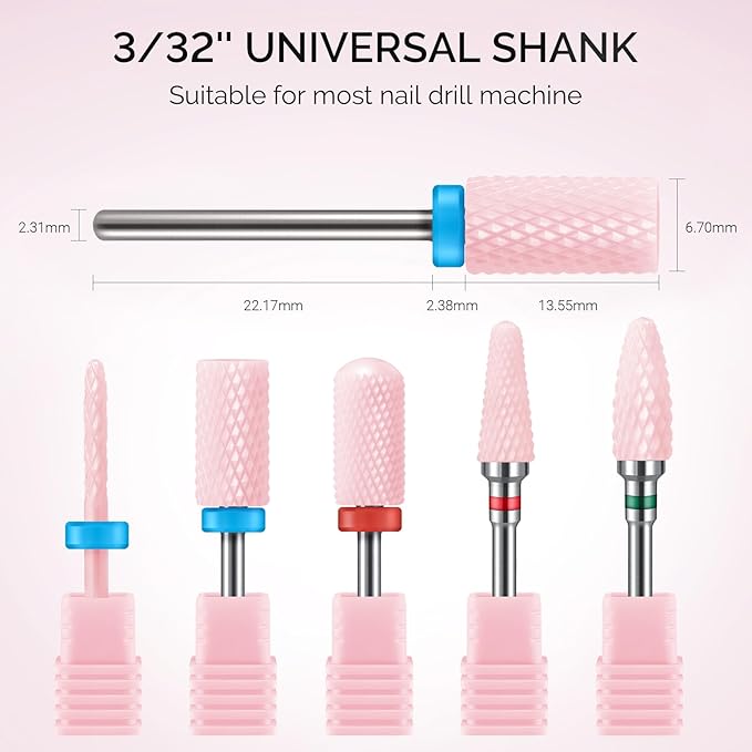 MelodySusie Ceramic Nail Drill Bits Set, 3/32'' (2.35mm) Professional Acrylic Nail File Drill Bit for Manicure Pedicure Cuticle Gel Nail Polishing, 5Pcs, Pink