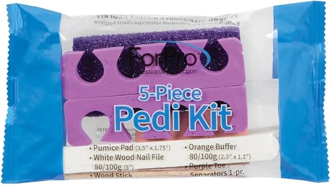 ForPro 5-Piece Pedi Kit, 100-Count, Individually-Packed Pedicure Set, Purple Pumice Pad, Wood Nail File 80/100 Grit, Mini Buffer 80/100 Grit, Wood Stick, Toe Separators