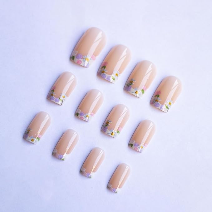 Floral French Press on Nails Medium Square MABKJLF White French Tip Fake Nails False Nails with Fower Nail Tip Designs Full Cover Glossy Glue on Nails Spring Summer Acrylic Nails for Women Girls 24Pcs