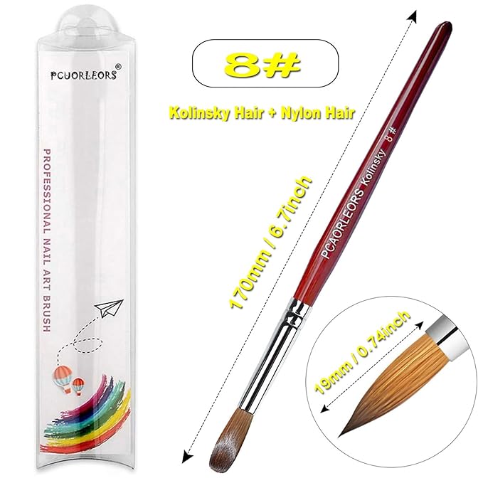 Acrylic Nail Brush with Pure Kolinsky Sable Hair and Red Wood Hand, Round/Flat Professional Gel Brush for Acrylic Power and Nail Extension Size #8,10,12 (#8)