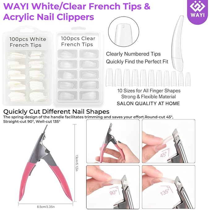 WAYI Acrylic Nail Kit with Acrylic Liquid Monomer 58ml, 4 Colors Powder (Pink White Clear Nude), French Tips, Clipper, Nail Brush, Nail Art Tools for Beginners and Professionals